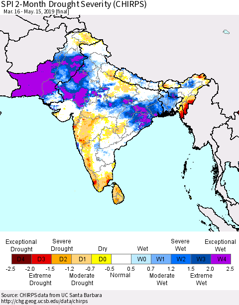 Southern Asia SPI 2-Month Drought Severity (CHIRPS) Thematic Map For 3/16/2019 - 5/15/2019