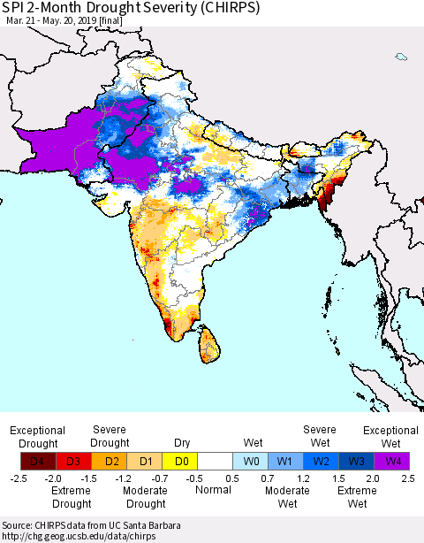Southern Asia SPI 2-Month Drought Severity (CHIRPS) Thematic Map For 3/21/2019 - 5/20/2019