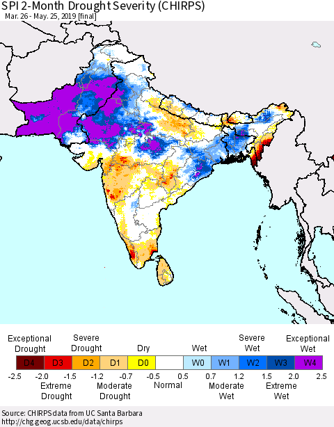 Southern Asia SPI 2-Month Drought Severity (CHIRPS) Thematic Map For 3/26/2019 - 5/25/2019