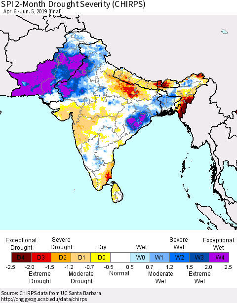 Southern Asia SPI 2-Month Drought Severity (CHIRPS) Thematic Map For 4/6/2019 - 6/5/2019
