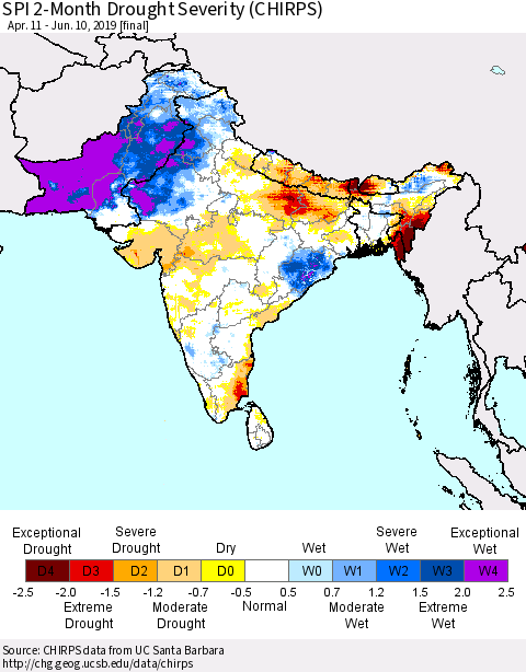 Southern Asia SPI 2-Month Drought Severity (CHIRPS) Thematic Map For 4/11/2019 - 6/10/2019
