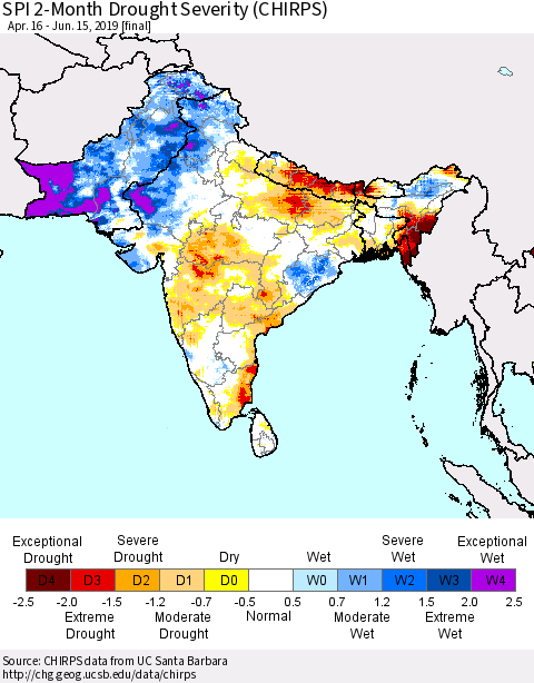 Southern Asia SPI 2-Month Drought Severity (CHIRPS) Thematic Map For 4/16/2019 - 6/15/2019