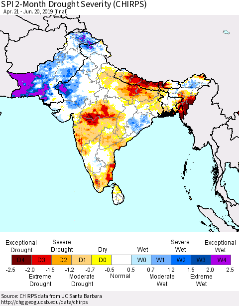 Southern Asia SPI 2-Month Drought Severity (CHIRPS) Thematic Map For 4/21/2019 - 6/20/2019