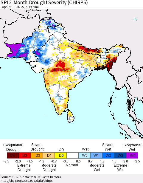 Southern Asia SPI 2-Month Drought Severity (CHIRPS) Thematic Map For 4/26/2019 - 6/25/2019