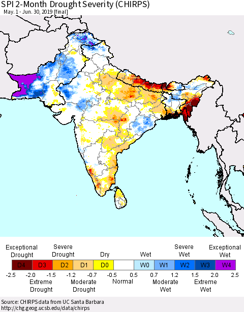 Southern Asia SPI 2-Month Drought Severity (CHIRPS) Thematic Map For 5/1/2019 - 6/30/2019