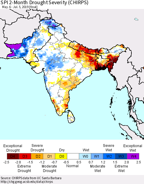 Southern Asia SPI 2-Month Drought Severity (CHIRPS) Thematic Map For 5/6/2019 - 7/5/2019