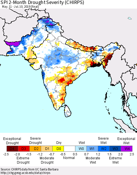 Southern Asia SPI 2-Month Drought Severity (CHIRPS) Thematic Map For 5/11/2019 - 7/10/2019