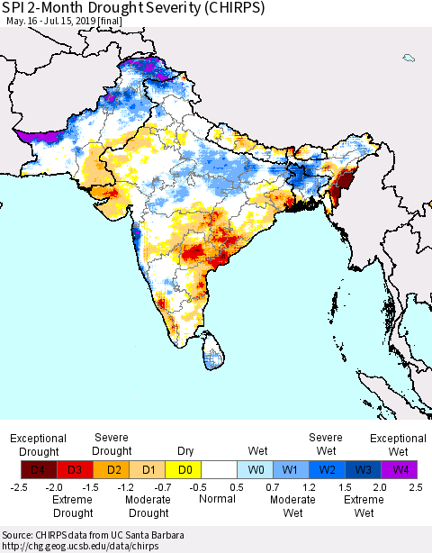 Southern Asia SPI 2-Month Drought Severity (CHIRPS) Thematic Map For 5/16/2019 - 7/15/2019