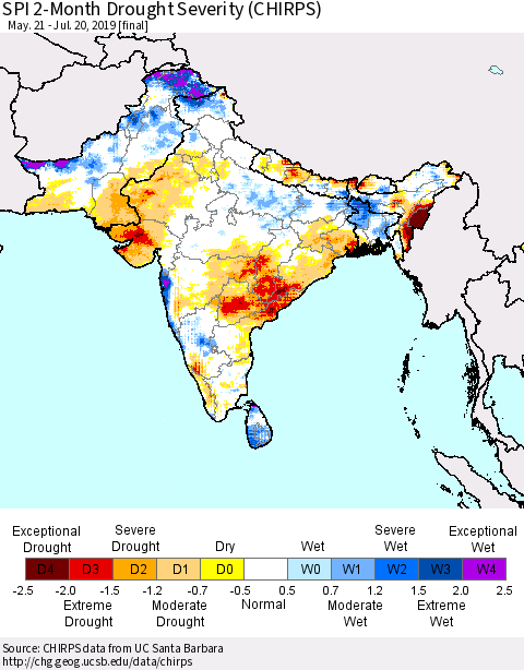 Southern Asia SPI 2-Month Drought Severity (CHIRPS) Thematic Map For 5/21/2019 - 7/20/2019