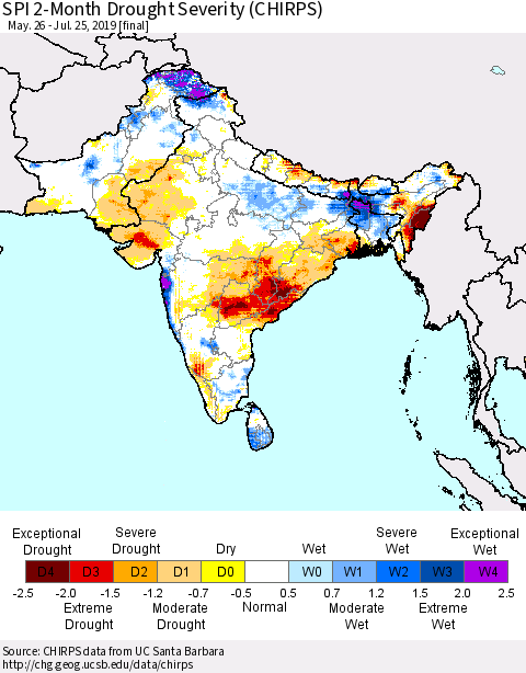 Southern Asia SPI 2-Month Drought Severity (CHIRPS) Thematic Map For 5/26/2019 - 7/25/2019