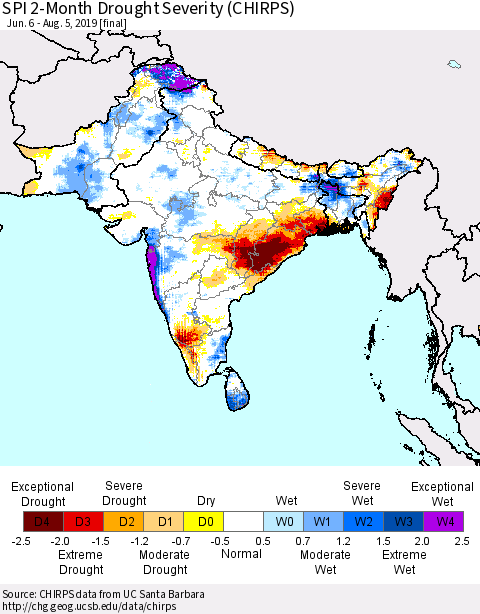 Southern Asia SPI 2-Month Drought Severity (CHIRPS) Thematic Map For 6/6/2019 - 8/5/2019