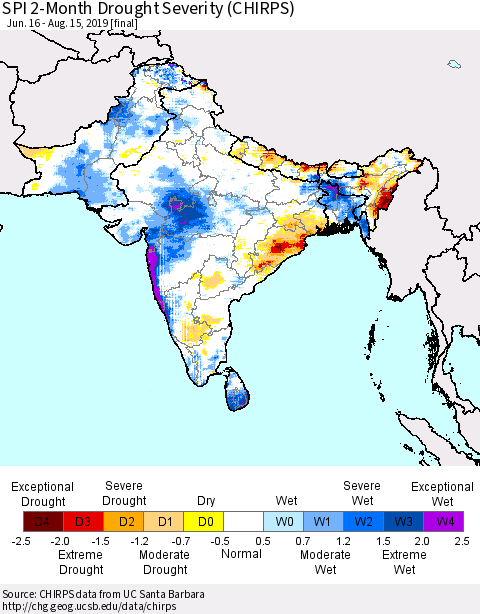 Southern Asia SPI 2-Month Drought Severity (CHIRPS) Thematic Map For 6/16/2019 - 8/15/2019