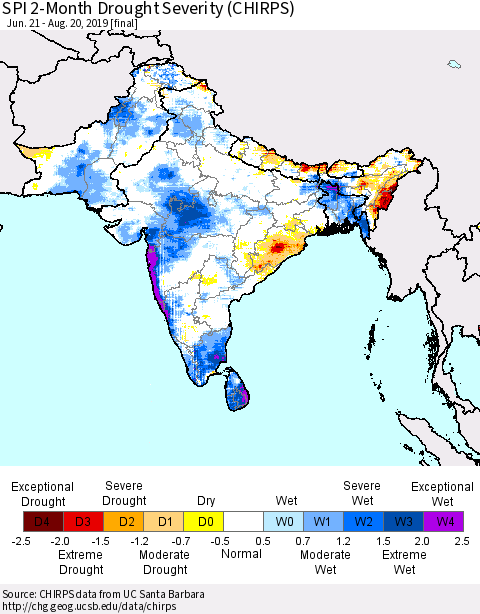 Southern Asia SPI 2-Month Drought Severity (CHIRPS) Thematic Map For 6/21/2019 - 8/20/2019