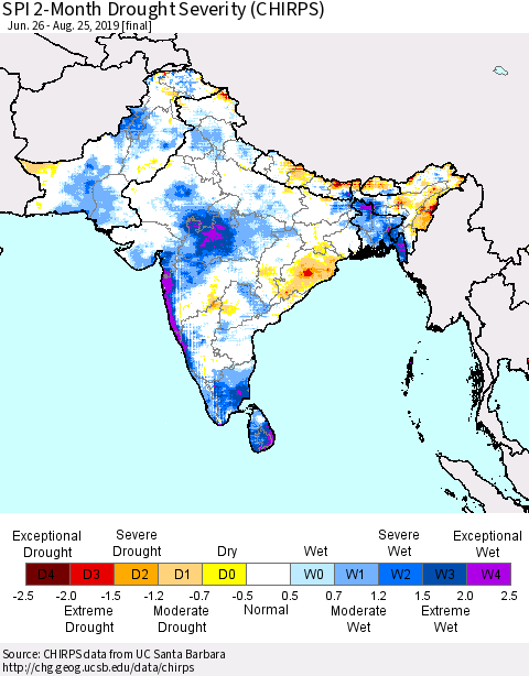 Southern Asia SPI 2-Month Drought Severity (CHIRPS) Thematic Map For 6/26/2019 - 8/25/2019