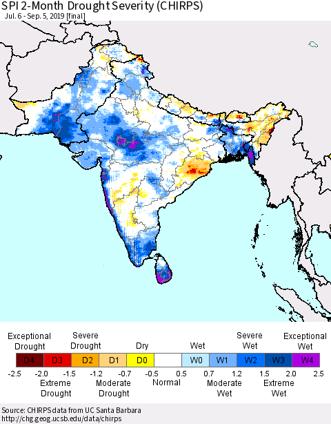 Southern Asia SPI 2-Month Drought Severity (CHIRPS) Thematic Map For 7/6/2019 - 9/5/2019
