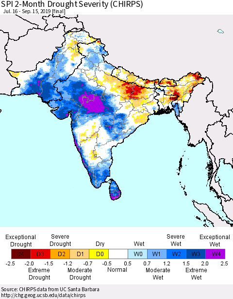 Southern Asia SPI 2-Month Drought Severity (CHIRPS) Thematic Map For 7/16/2019 - 9/15/2019