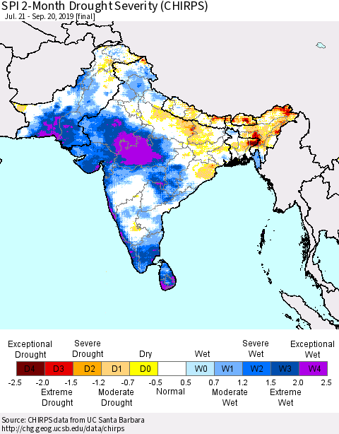 Southern Asia SPI 2-Month Drought Severity (CHIRPS) Thematic Map For 7/21/2019 - 9/20/2019
