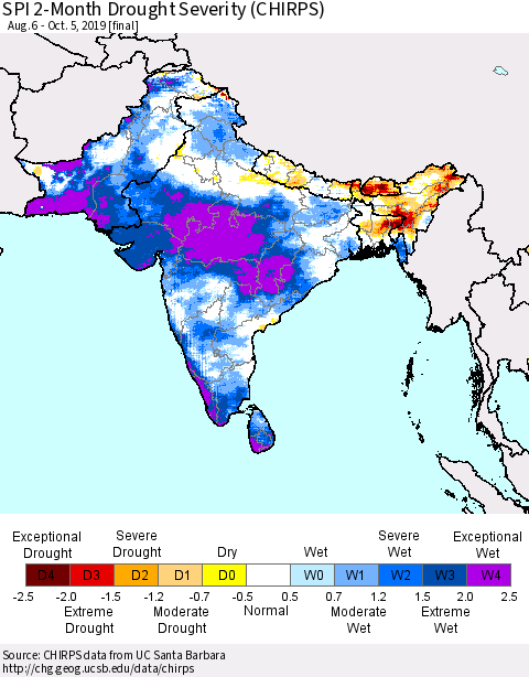 Southern Asia SPI 2-Month Drought Severity (CHIRPS) Thematic Map For 8/6/2019 - 10/5/2019