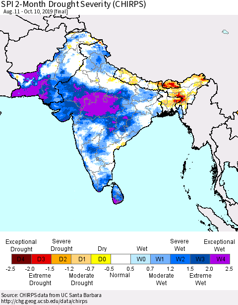 Southern Asia SPI 2-Month Drought Severity (CHIRPS) Thematic Map For 8/11/2019 - 10/10/2019