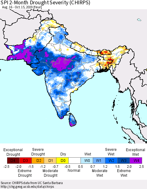 Southern Asia SPI 2-Month Drought Severity (CHIRPS) Thematic Map For 8/16/2019 - 10/15/2019