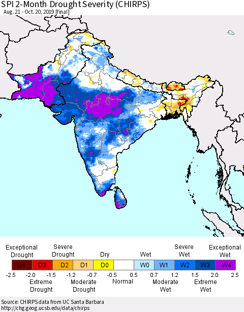 Southern Asia SPI 2-Month Drought Severity (CHIRPS) Thematic Map For 8/21/2019 - 10/20/2019