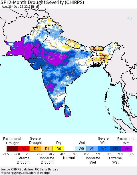 Southern Asia SPI 2-Month Drought Severity (CHIRPS) Thematic Map For 8/26/2019 - 10/25/2019