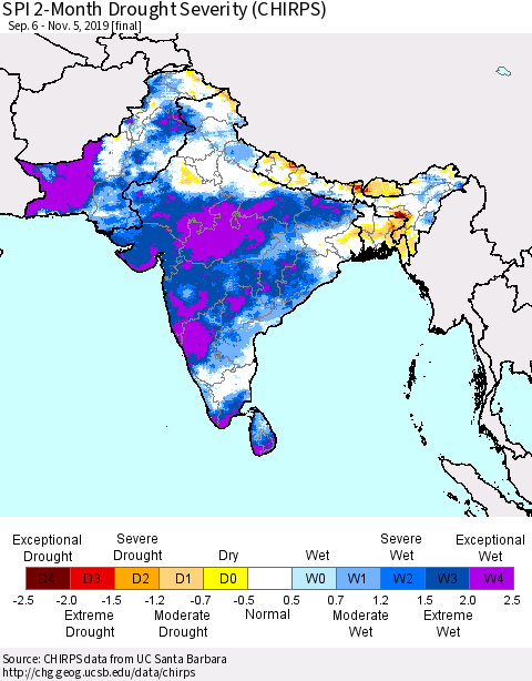 Southern Asia SPI 2-Month Drought Severity (CHIRPS) Thematic Map For 9/6/2019 - 11/5/2019