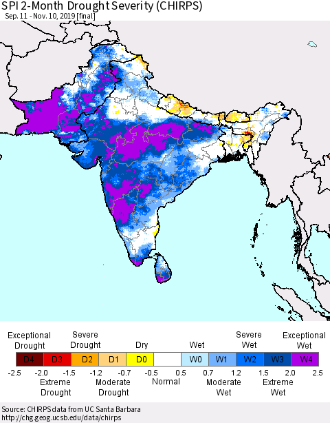 Southern Asia SPI 2-Month Drought Severity (CHIRPS) Thematic Map For 9/11/2019 - 11/10/2019