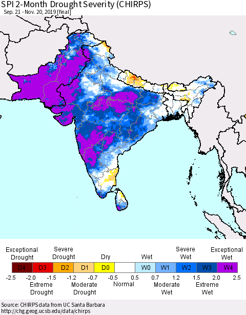 Southern Asia SPI 2-Month Drought Severity (CHIRPS) Thematic Map For 9/21/2019 - 11/20/2019
