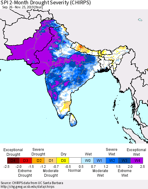 Southern Asia SPI 2-Month Drought Severity (CHIRPS) Thematic Map For 9/26/2019 - 11/25/2019