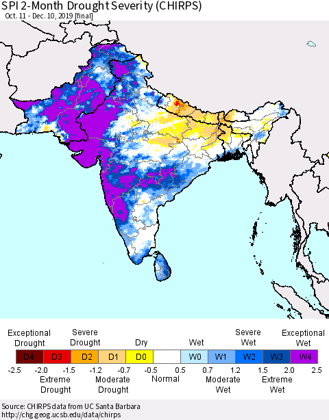 Southern Asia SPI 2-Month Drought Severity (CHIRPS) Thematic Map For 10/11/2019 - 12/10/2019