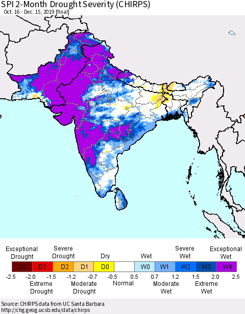 Southern Asia SPI 2-Month Drought Severity (CHIRPS) Thematic Map For 10/16/2019 - 12/15/2019