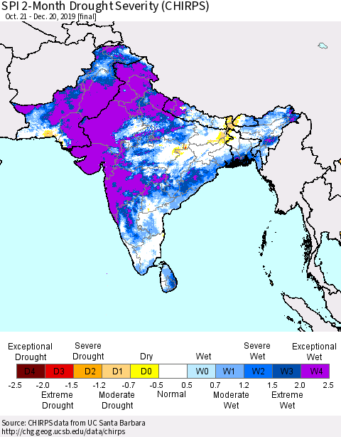 Southern Asia SPI 2-Month Drought Severity (CHIRPS) Thematic Map For 10/21/2019 - 12/20/2019