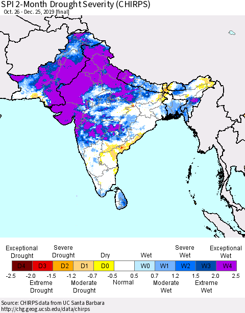 Southern Asia SPI 2-Month Drought Severity (CHIRPS) Thematic Map For 10/26/2019 - 12/25/2019