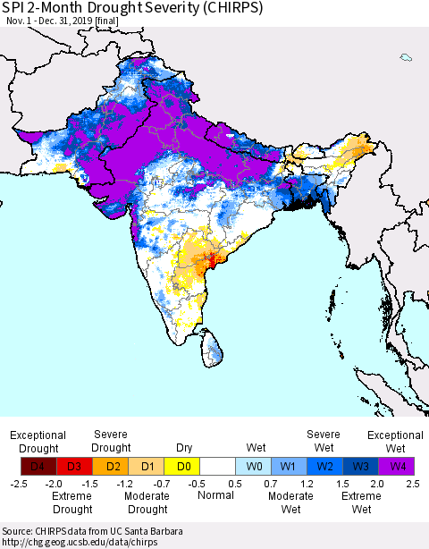 Southern Asia SPI 2-Month Drought Severity (CHIRPS) Thematic Map For 11/1/2019 - 12/31/2019