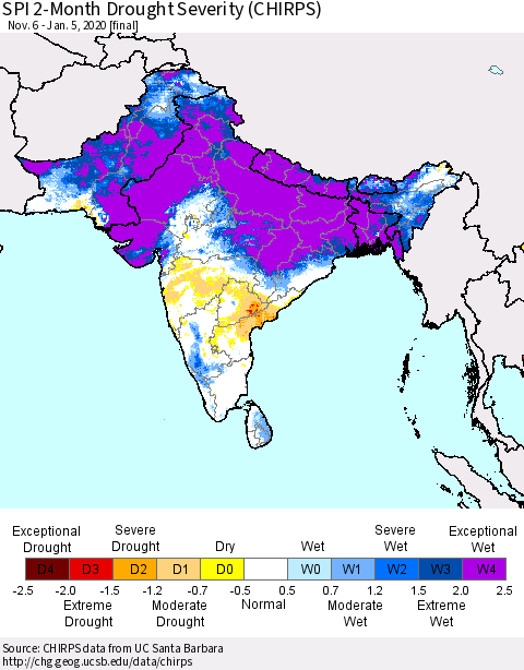 Southern Asia SPI 2-Month Drought Severity (CHIRPS) Thematic Map For 11/6/2019 - 1/5/2020