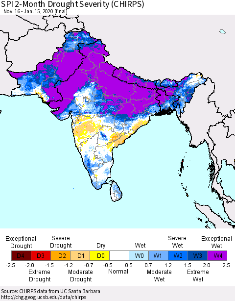Southern Asia SPI 2-Month Drought Severity (CHIRPS) Thematic Map For 11/16/2019 - 1/15/2020