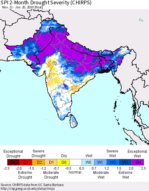 Southern Asia SPI 2-Month Drought Severity (CHIRPS) Thematic Map For 11/21/2019 - 1/20/2020