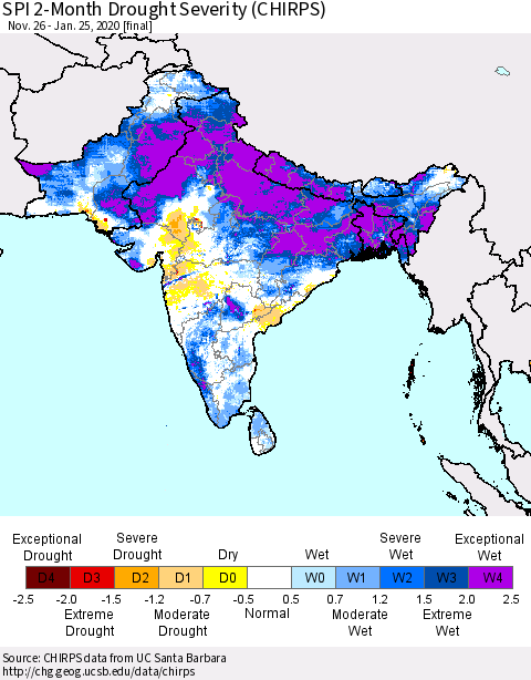Southern Asia SPI 2-Month Drought Severity (CHIRPS) Thematic Map For 11/26/2019 - 1/25/2020