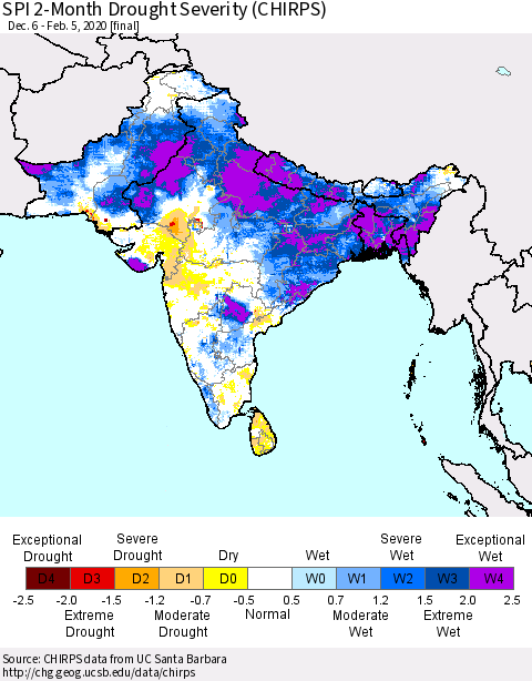Southern Asia SPI 2-Month Drought Severity (CHIRPS) Thematic Map For 12/6/2019 - 2/5/2020