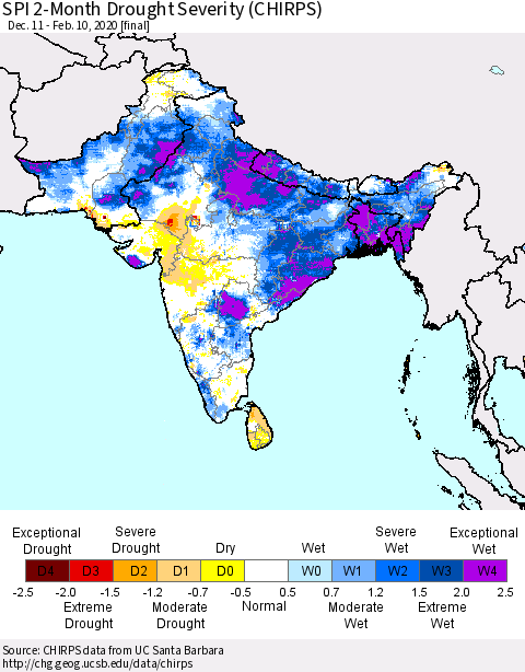 Southern Asia SPI 2-Month Drought Severity (CHIRPS) Thematic Map For 12/11/2019 - 2/10/2020