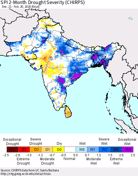 Southern Asia SPI 2-Month Drought Severity (CHIRPS) Thematic Map For 12/21/2019 - 2/20/2020