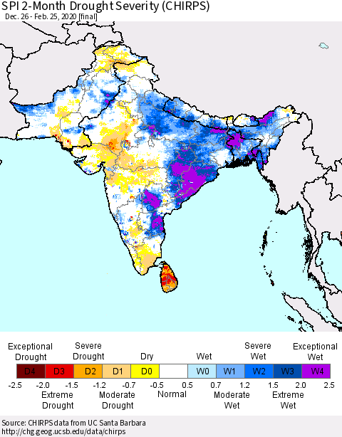 Southern Asia SPI 2-Month Drought Severity (CHIRPS) Thematic Map For 12/26/2019 - 2/25/2020
