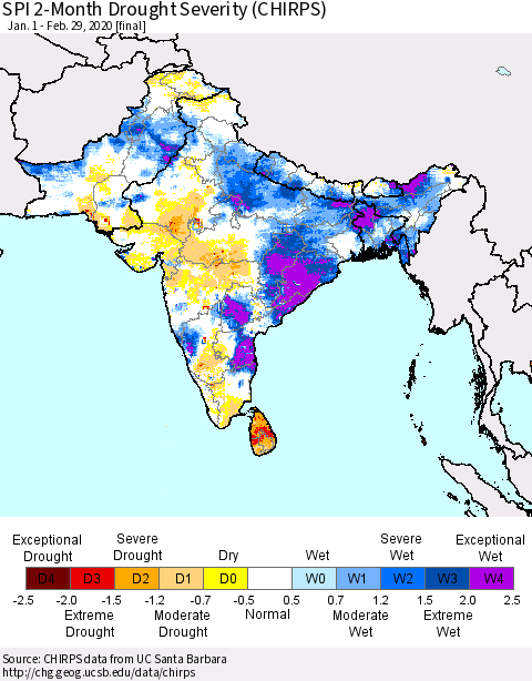 Southern Asia SPI 2-Month Drought Severity (CHIRPS) Thematic Map For 1/1/2020 - 2/29/2020