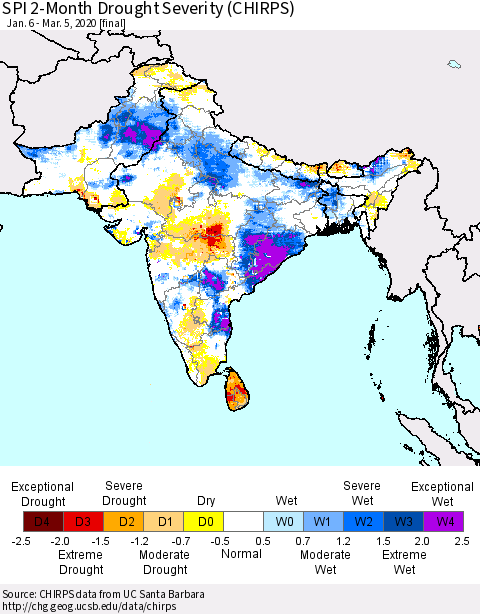 Southern Asia SPI 2-Month Drought Severity (CHIRPS) Thematic Map For 1/6/2020 - 3/5/2020