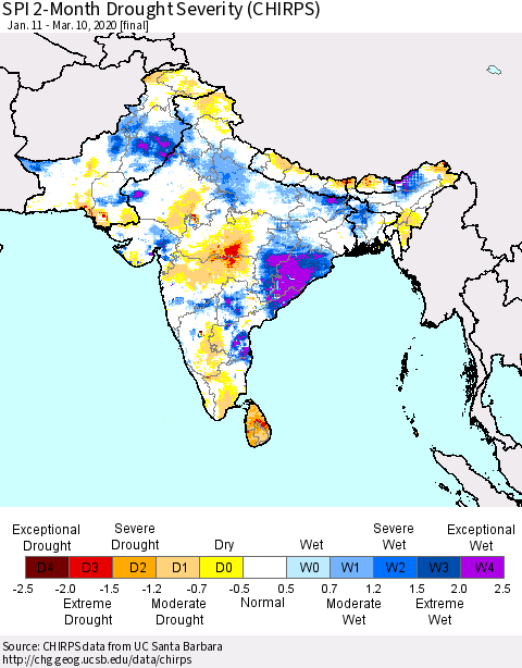 Southern Asia SPI 2-Month Drought Severity (CHIRPS) Thematic Map For 1/11/2020 - 3/10/2020