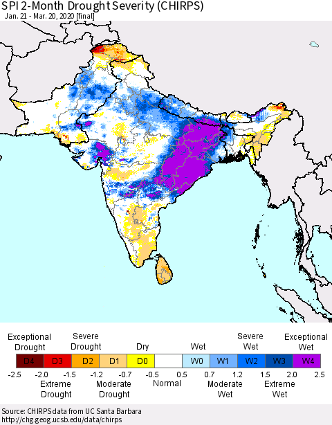 Southern Asia SPI 2-Month Drought Severity (CHIRPS) Thematic Map For 1/21/2020 - 3/20/2020