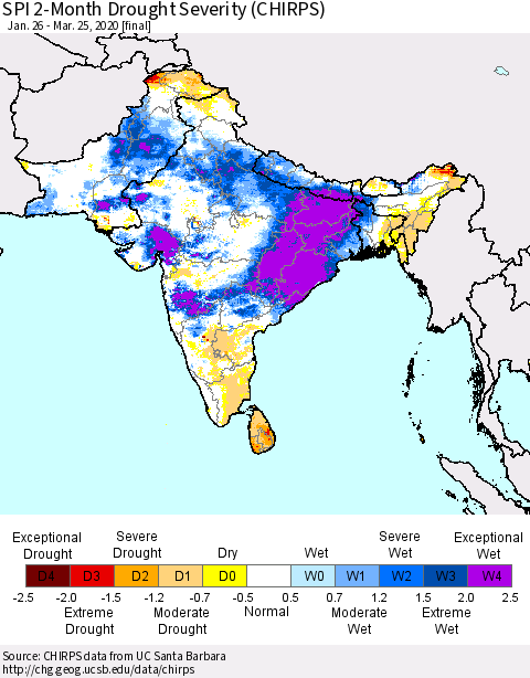 Southern Asia SPI 2-Month Drought Severity (CHIRPS) Thematic Map For 1/26/2020 - 3/25/2020