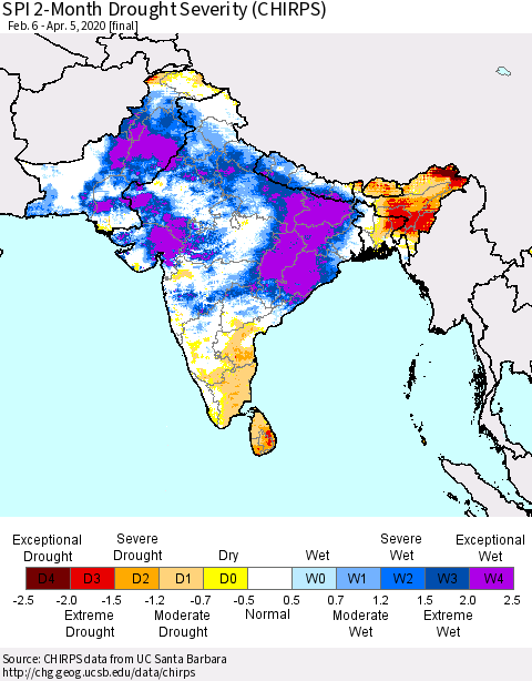 Southern Asia SPI 2-Month Drought Severity (CHIRPS) Thematic Map For 2/6/2020 - 4/5/2020