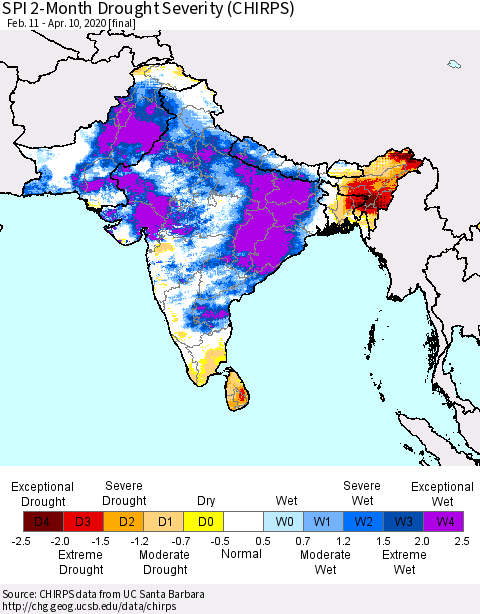 Southern Asia SPI 2-Month Drought Severity (CHIRPS) Thematic Map For 2/11/2020 - 4/10/2020